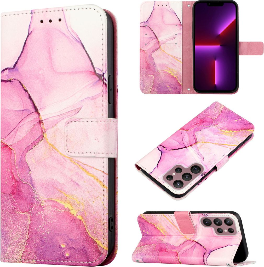 Galaxy S22 Ultra Hülle, Marmor Motiv Kunstleder Tasche Wallet Kartenfächer mit Standfunktion Klapp Schutzhülle für Samsung Galaxy S22 Ultra Rosa