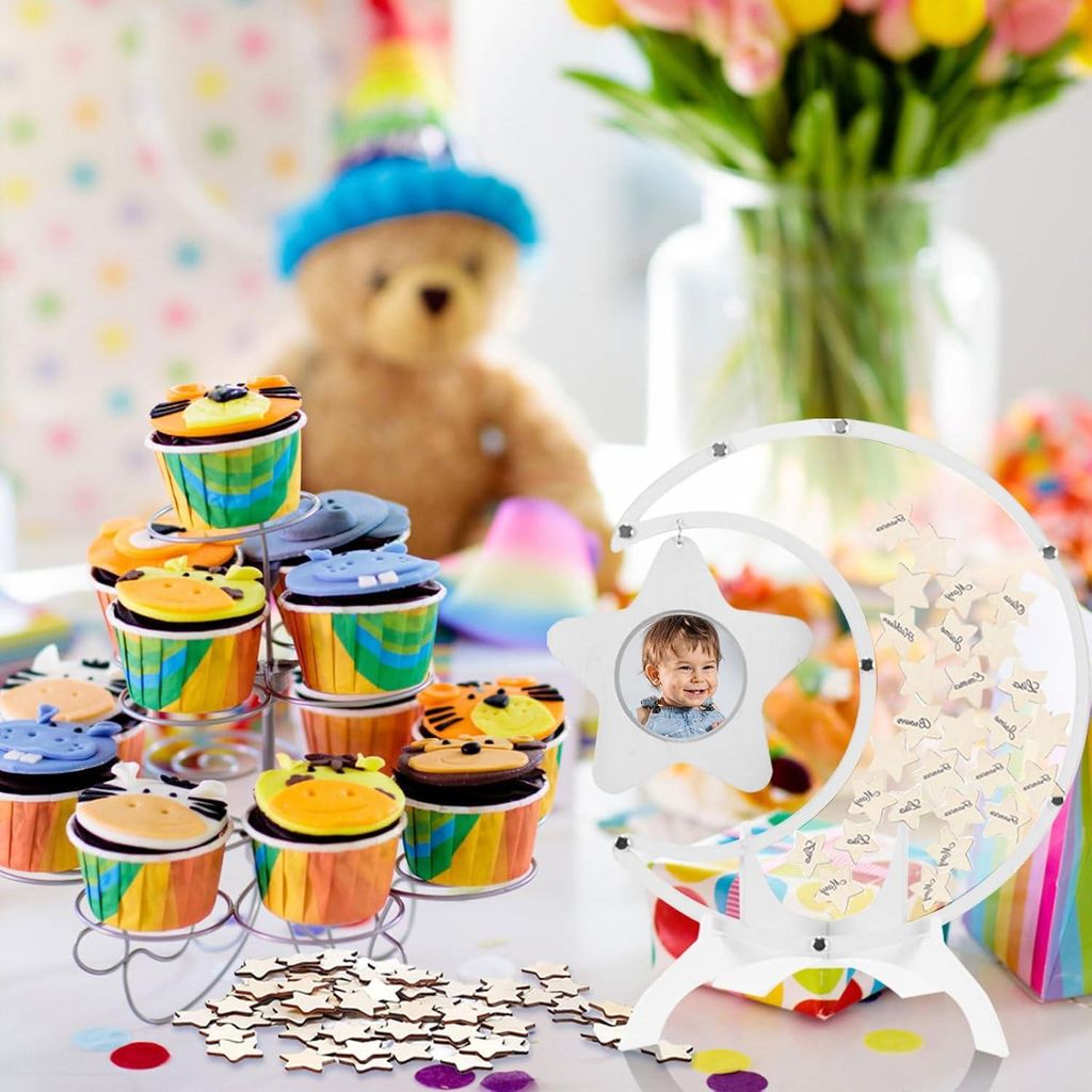 Holz Babyshower Gästebuch mit Stern Fotohalter - Alternatives Gästebuch für Baby Shower und Geburtstag