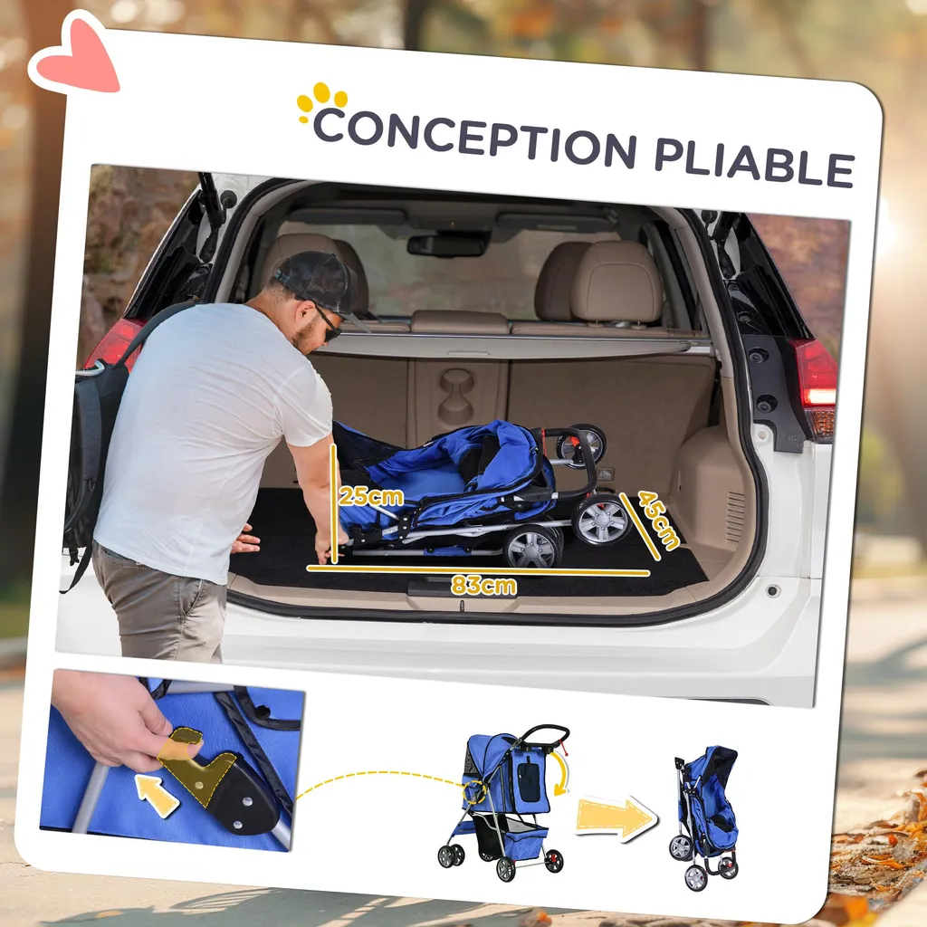 Poussette chien chat pliable : solution transport sans effort bleu - 4