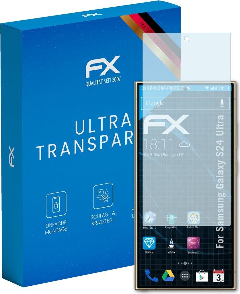 atFoliX FX-Clear 3x Schutzfolie kompatibel mit Samsung Galaxy S24 Ultra Displayschutzfolie
