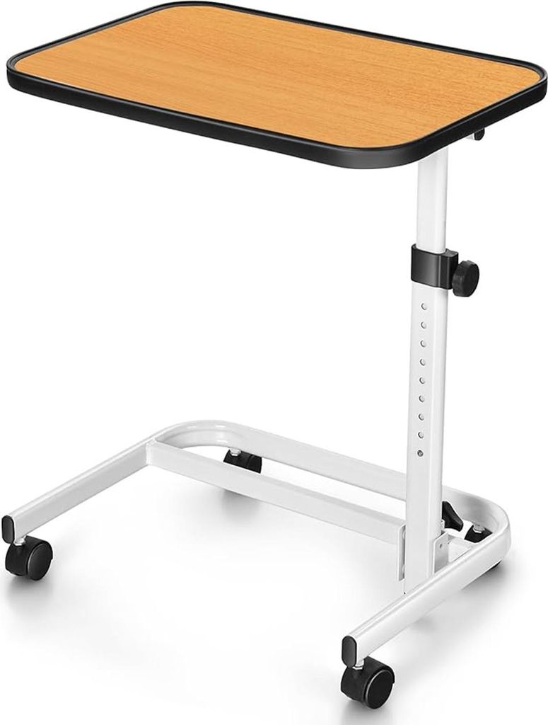 A mobile, height-adjustable bedside table with a light brown tabletop and white metal frame, shown against a white background.