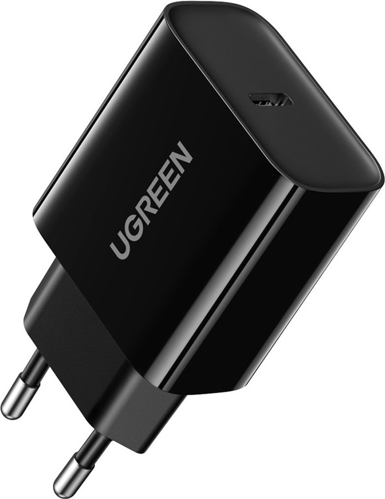 A black UGREEN brand USB charger with European plug prongs.