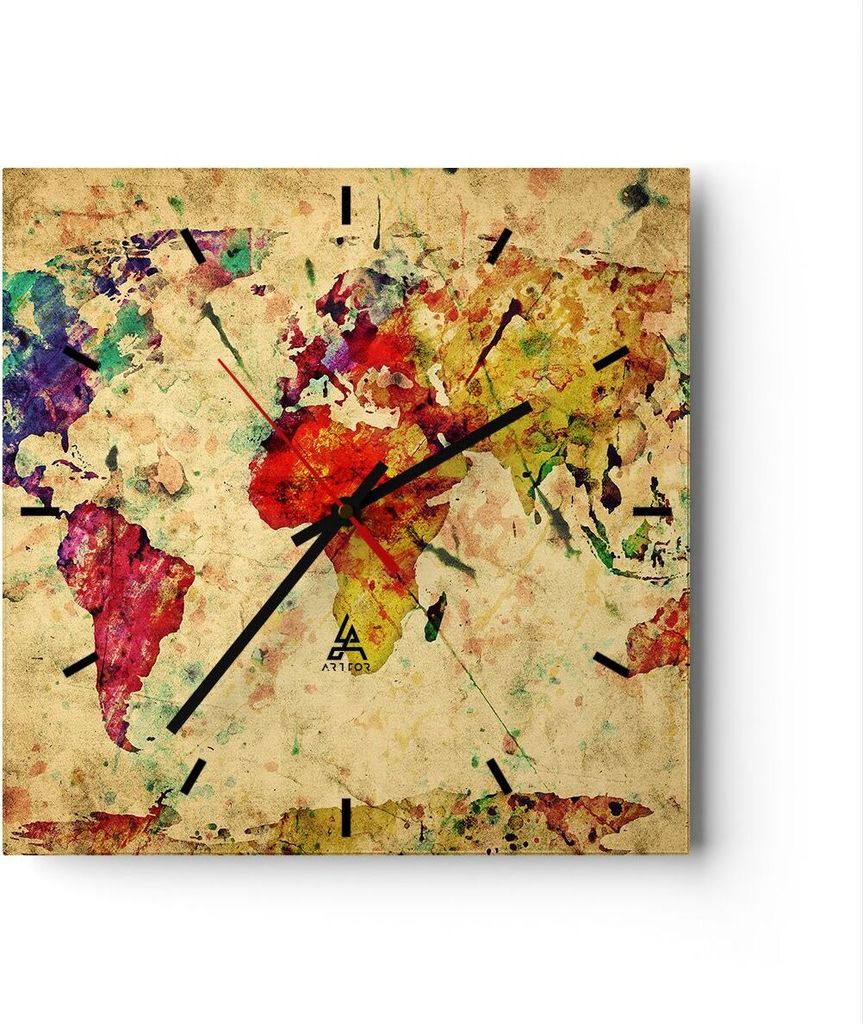 Wanduhr - Quadrat - Glasuhr - Karte Welt modern - 30x30cm - Schleichendes Uhrwerk - Lautlos - zum Aufhängen bereit - Dekoration Modern - Wanddekor...
