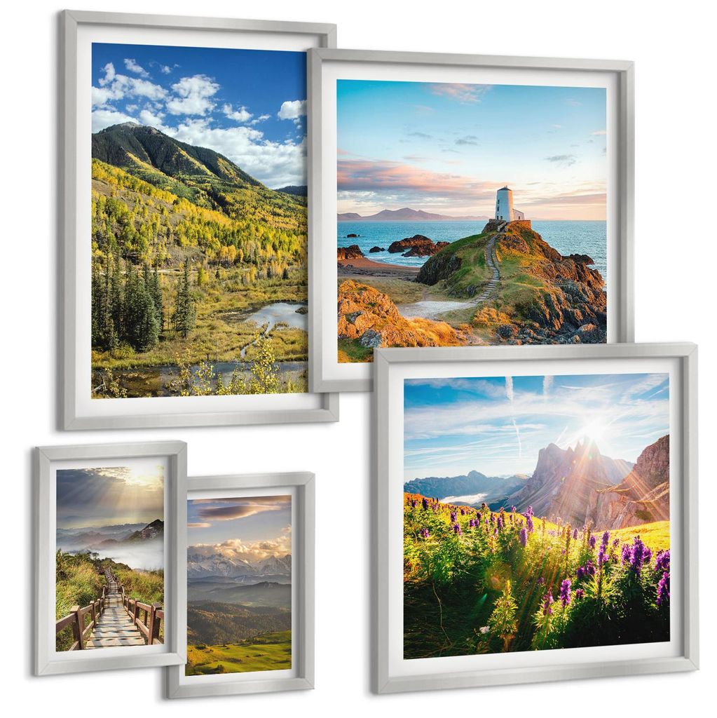 Bilder Set 5-teilig im silbergerahmten Rahmen – Wandbilder 5 Stück – gerahmte Poster für Wohnzimmer, Schlafzimmer und Flur – 50x50 cm - 40x...