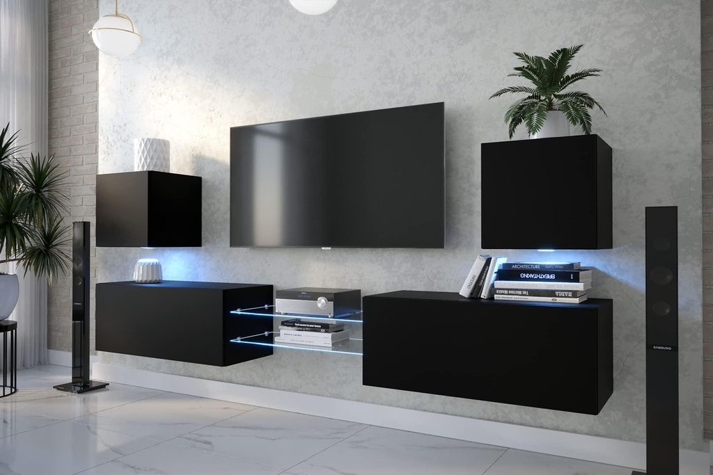 Furnitech Wohnwand Wohnzimmer - Wohnzimmer Möbel mit LED RGB - Hängend Wohnwand Modern - Wohnzimmer Schrankwand(D144N-21B-M3-1C)