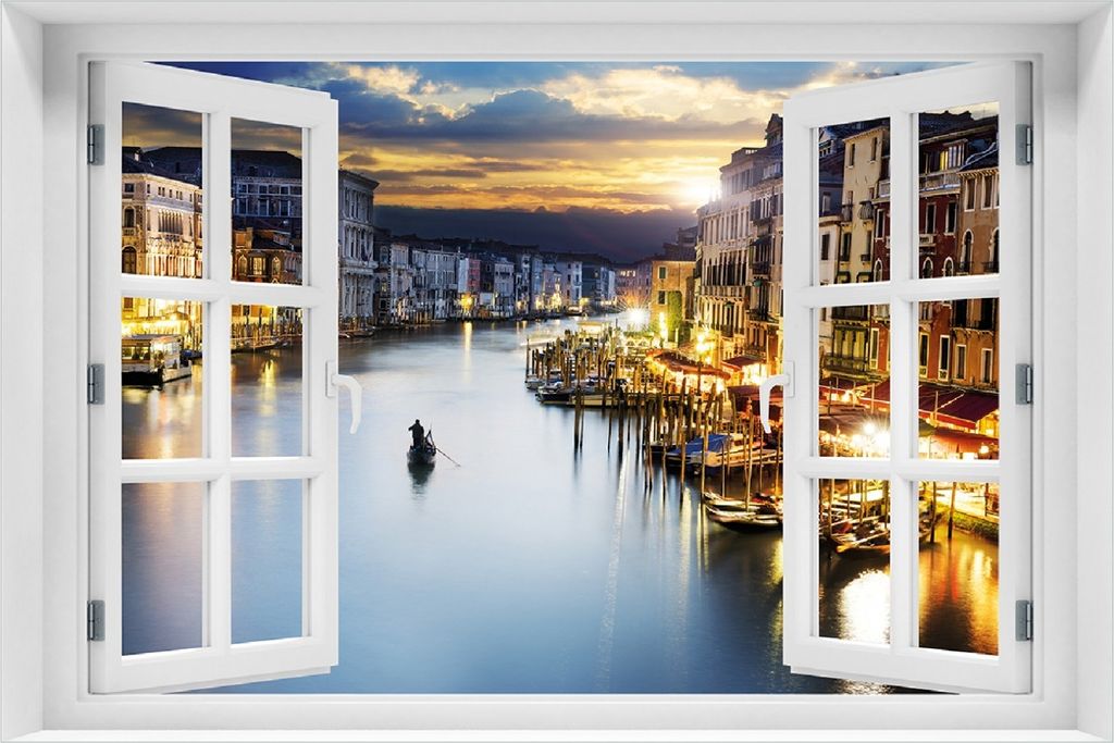 Wallario selbstklebendes Poster mit Fenster-Illusion - Canal Grande in Venedig am Abend mit untergehender Sonne, Größe: 100 x 150 cm