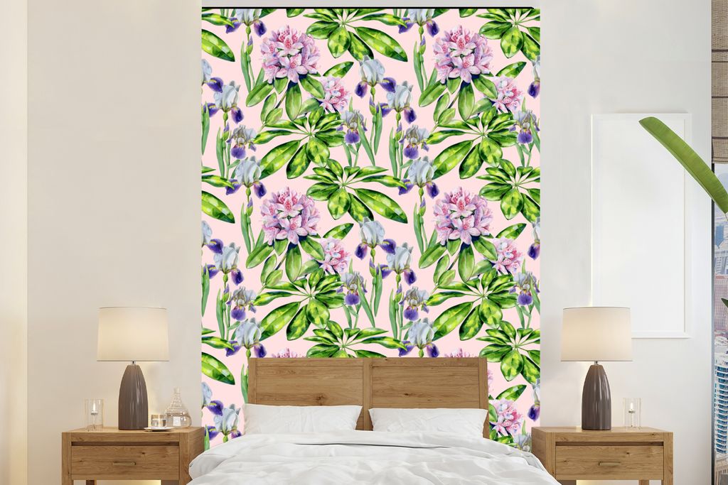 MuchoWow Fototapete für Wohnzimmer oder Schlafzimmer Wandtapete Vinyl Motivtapete Blumen - Hortensie - Muster - 145x220 cm - Wanddekoration