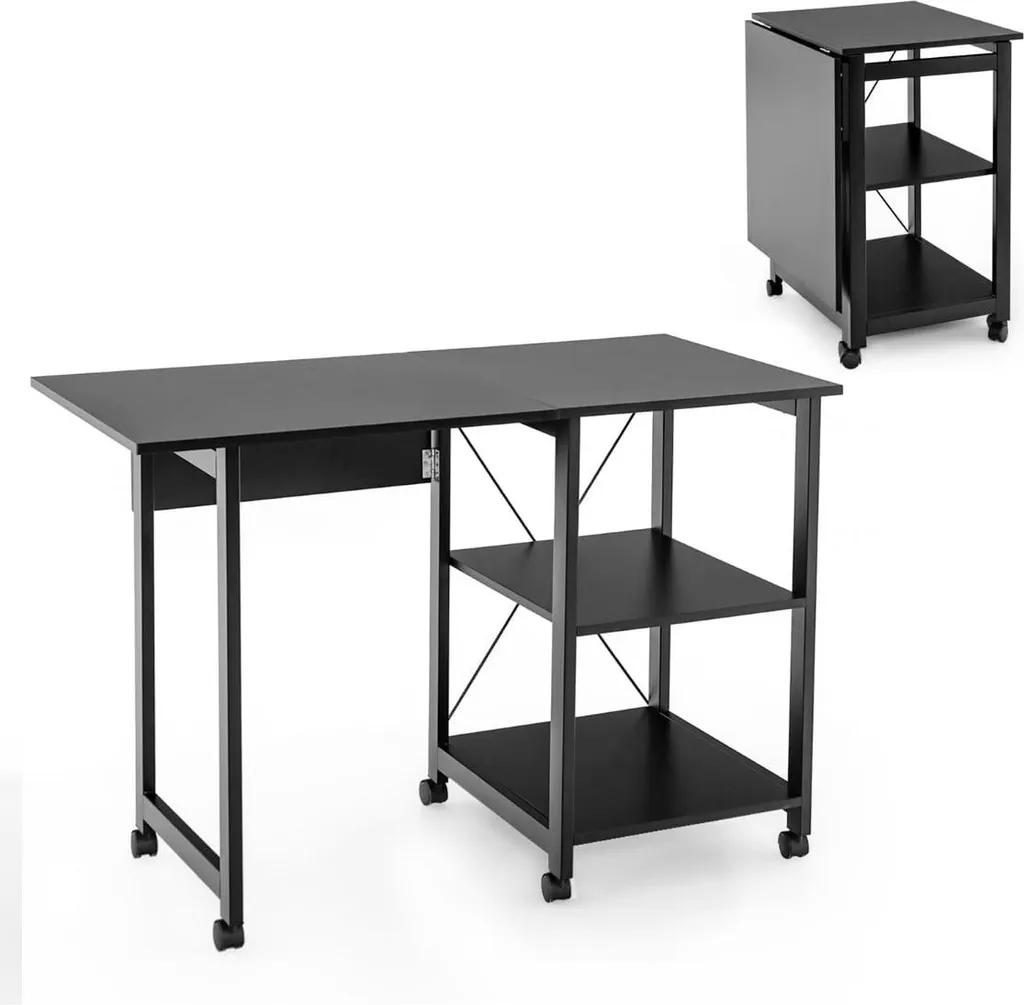 Table d'ordinateur pliable pour petit espace avec étagères Noir Intense