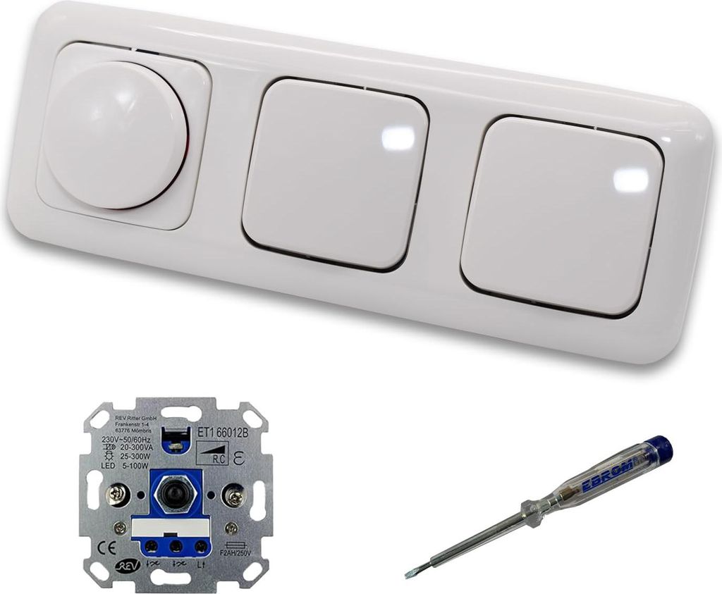REV Ritter LED Drehdimmer Dimmer + Busch Jäger Dimmerscheibe 2115-214 und 2 x Lichtschalter 2000/6 US in Reflex Si alpinweiß glänzend inklusive ...