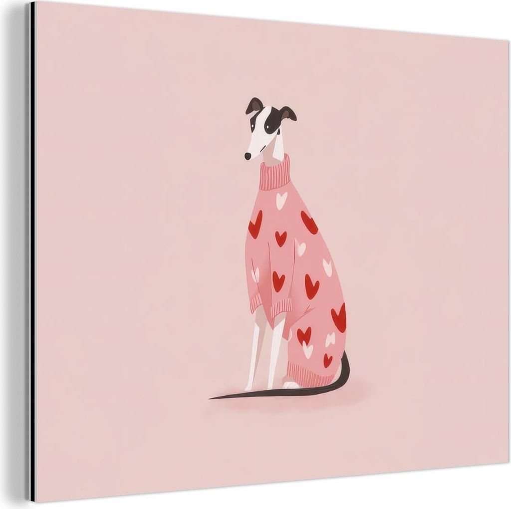 MuchoWow Wanddekoration Metall Metallbild Wandkunst 40x30 cm Hund - Herzen - Rosa MuchoWow Aluminium Gemälde - Dekoration Wohnzimmer
