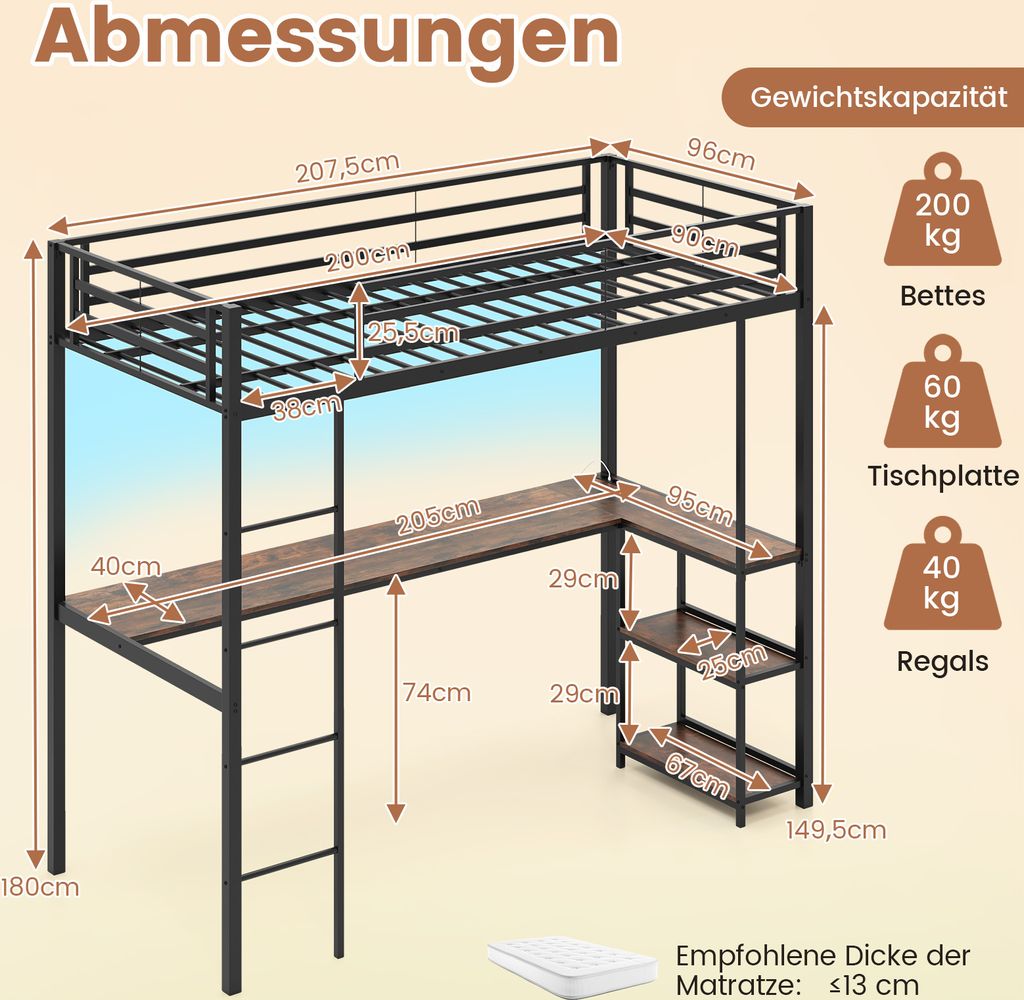 COSTWAY loft łóżko piętrowe 90x200cm z biurkiem, diodami Zdjęcie produktu 3