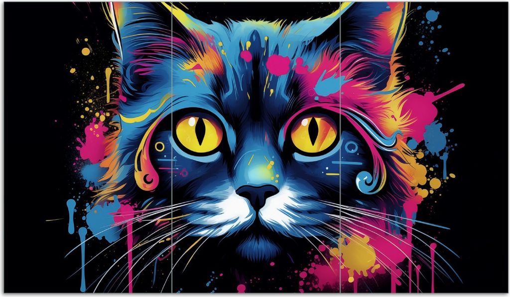 Wallario Herdabdeckplatte aus Glas, Größe 90 x 52 cm 3-teilig, Motiv Katze im Farbrausch