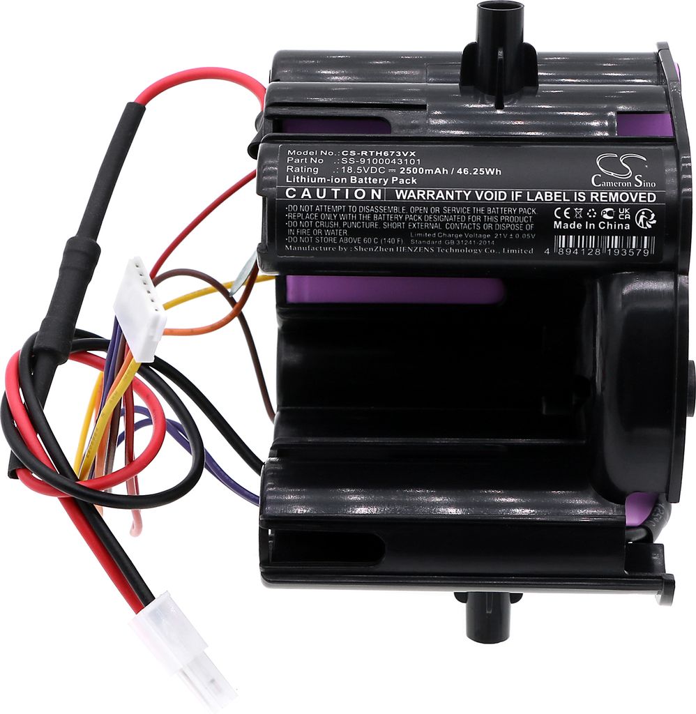 A black lithium-ion battery pack with colorful wires and a label with product information.