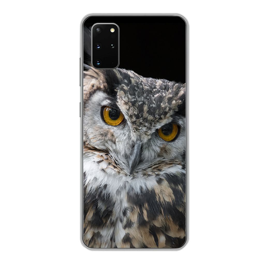MuchoWow Handyhülle Schutzhülle Hülle für Samsung Galaxy S20 Plus Porträt einer braunen Eule auf schwarzem Hintergrund Silikon Softcase Hand...