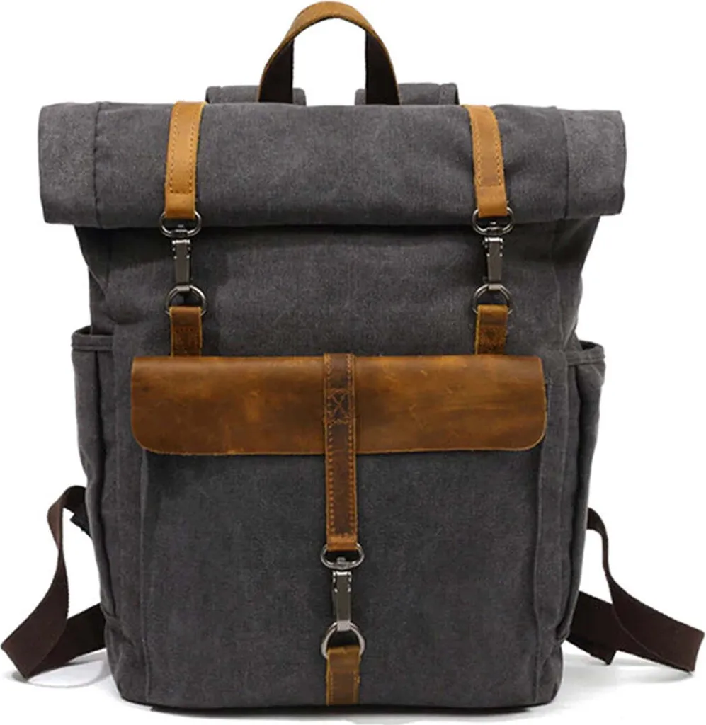 Sac à dos vintage MORGNTAU Ukiyo gris en toile et cuir rolltop 18l