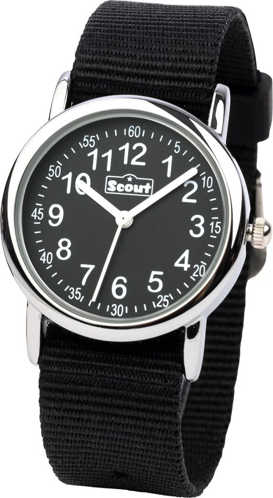 Schwarze Kinderuhr mit Edelstahlgehäuse und Textilarmband Produktbild 