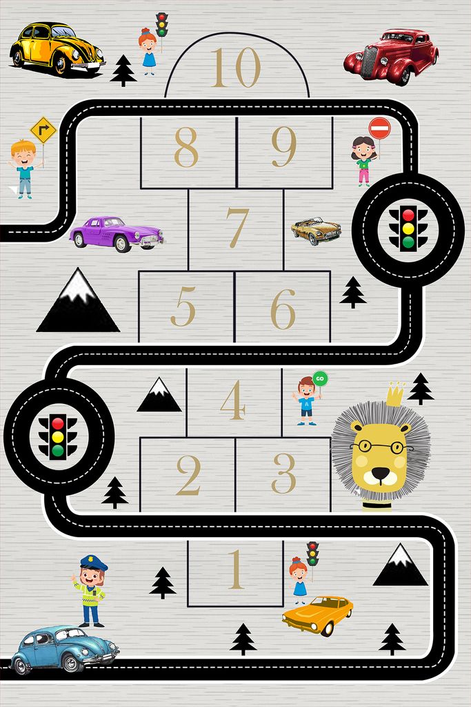 Kinderteppich Hüpfspiel mit Autos und Verkehrsschildern : 120x170 cm