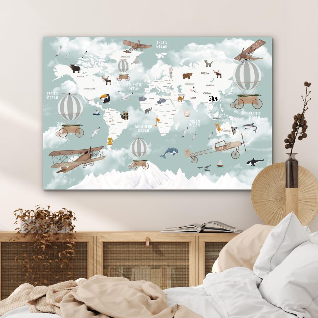 MuchoWow Wanddekoration Metall Metallbild Wandkunst 120x80 cm Weltkarte - Kind - Flugzeug MuchoWow Aluminium Gemälde - Alu Bild