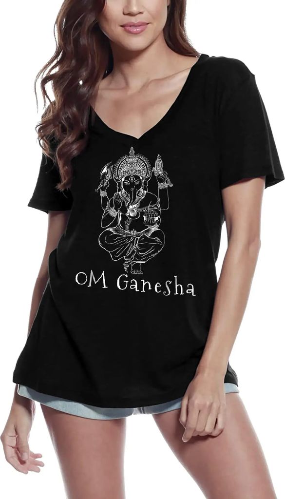 Damen Grafik T-Shirt V-Ausschnitt Ganesha hinduistischer Gott - spirituelle Meditation Yoga-Liebhaber – Ganesha Hindu God - Spiritual Meditation ...