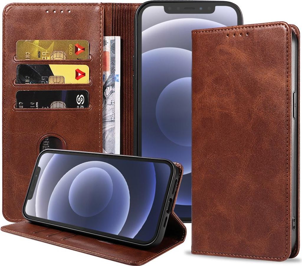 Smartphonica iPhone 12 Pro Max Kunstledertasche mit Magnetverschluss und Kartenhaltern Buchhülle - Dunkelbraun