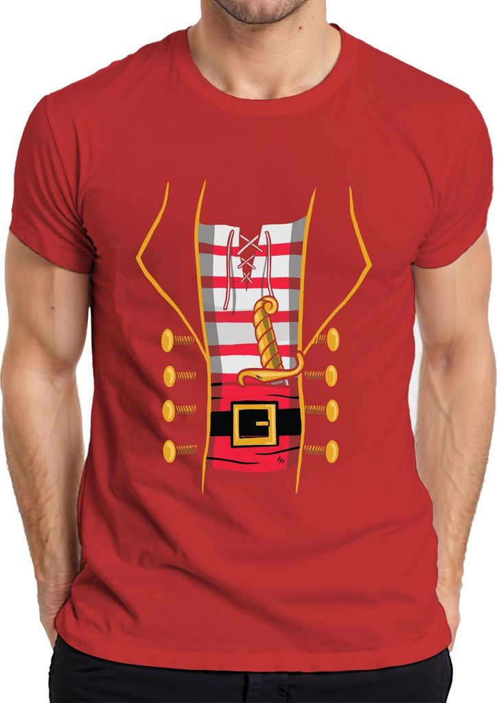 Pirat Korsar Säbel Gürtel gestreift Knöpfe Karneval Vintage Herren T-Shirt, Rot, L