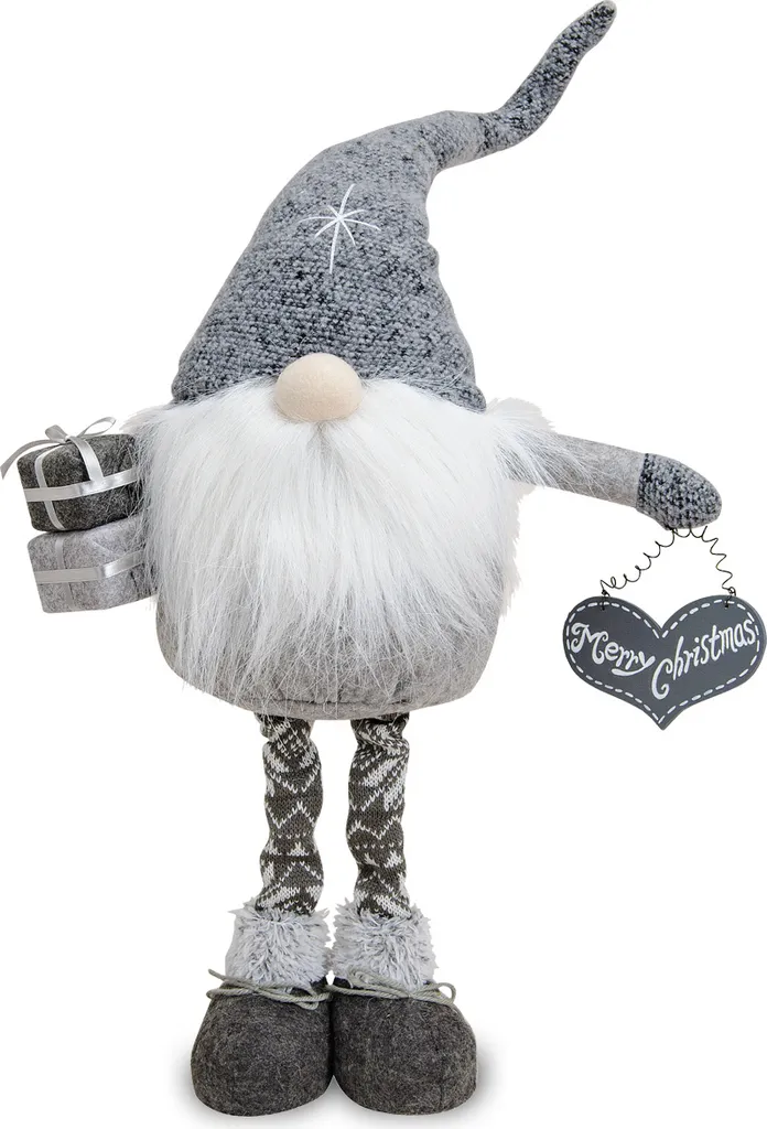 Lutin de Noël 70 cm gris avec bonnet pointu et barbe en fourrure