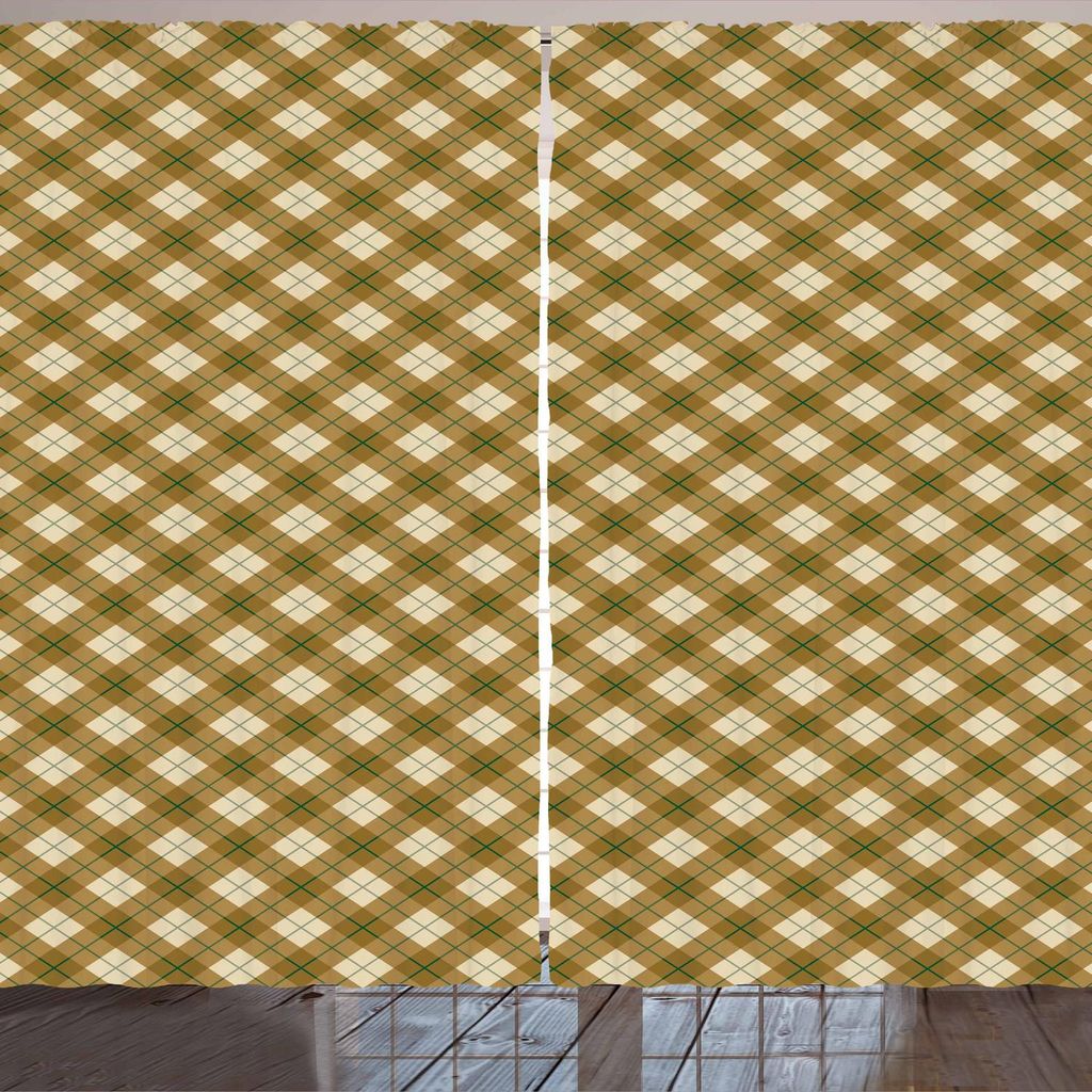 ARANDE Plaid Gardine, Diagonales kariertes Muster in Browns mit einem grünen Streifen-Detail-Retrostil, 280 x 260 cm, Pale Braun Grün Beige