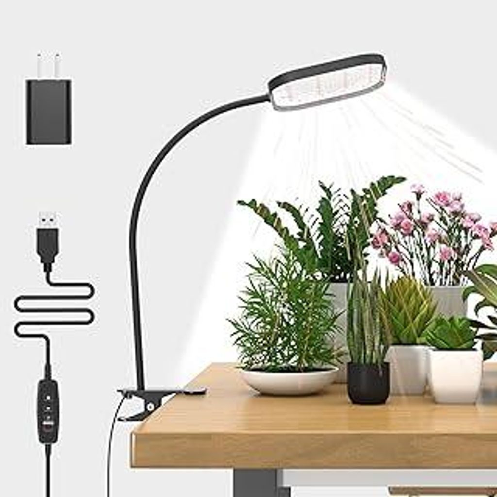 264 LED Pflanzlampe, 6000K Vollspektrum Pflanzenlicht, 360° Schwanenhals, 4H/8H/12H/18H Timer, 5 Helligkeit, 5V Klemmlampe, Grow Light dimmbar
