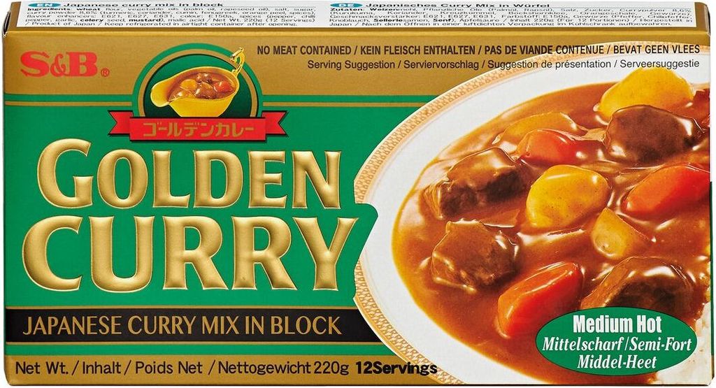 A box of S&B Golden Curry Japanese Curry Mix in Block, with an image of the prepared curry on the right.