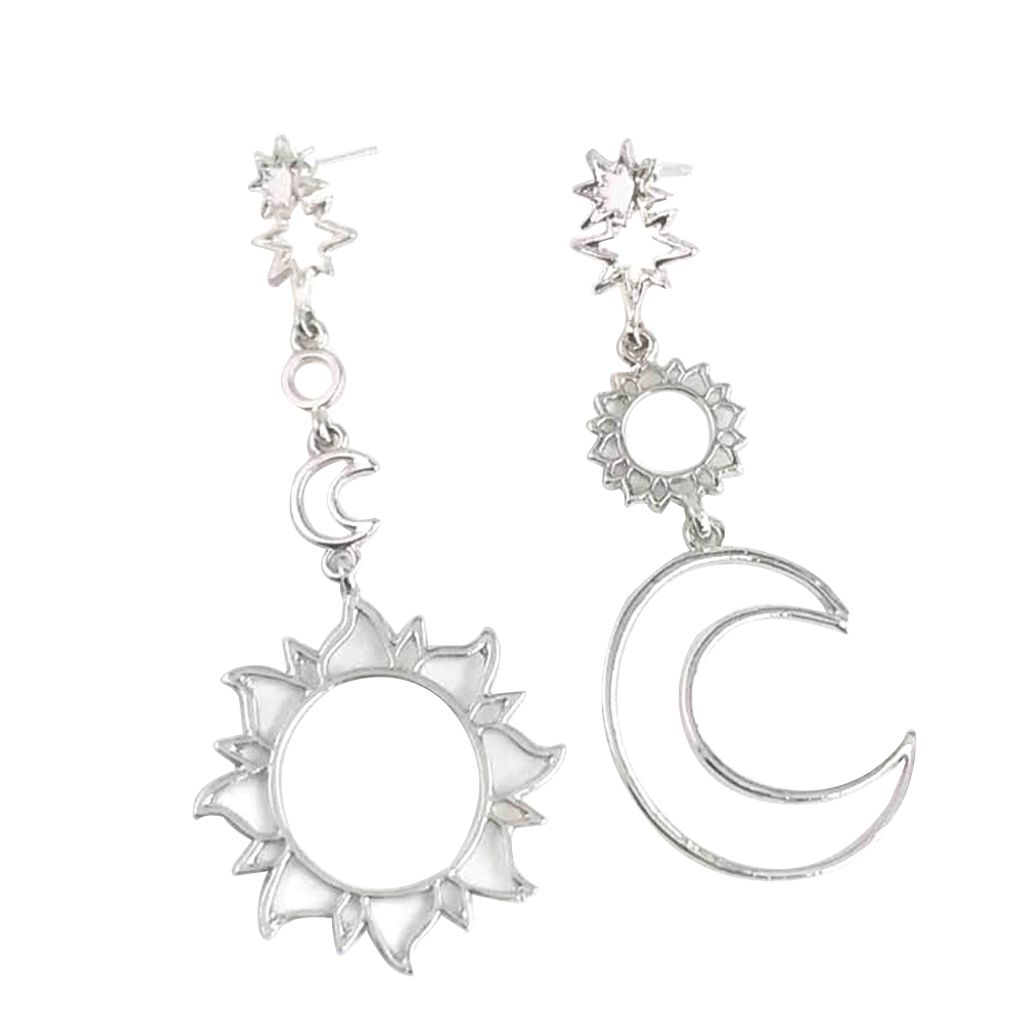Boho-Ohrringe für Damen, hohl, Stern, Mond, Sonne, baumelnd, asymmetrisch, Schmuck, Geschenk-Silber