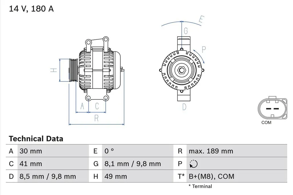 Bosch Alternateur 180A robuste avec régulateur intégré pour usage intensif