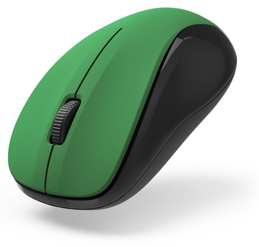 A green and black wireless computer mouse is shown from a diagonal angle on a white background.
