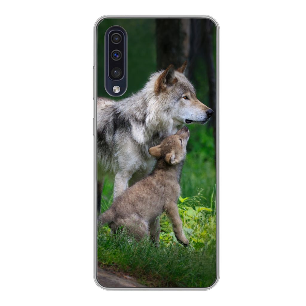 MuchoWow Handyhülle Schutzhülle Hülle für Samsung Galaxy A50 Wolf - Baby - Wald Silikon Softcase Handy Hülle - Mobiltelefonhülle