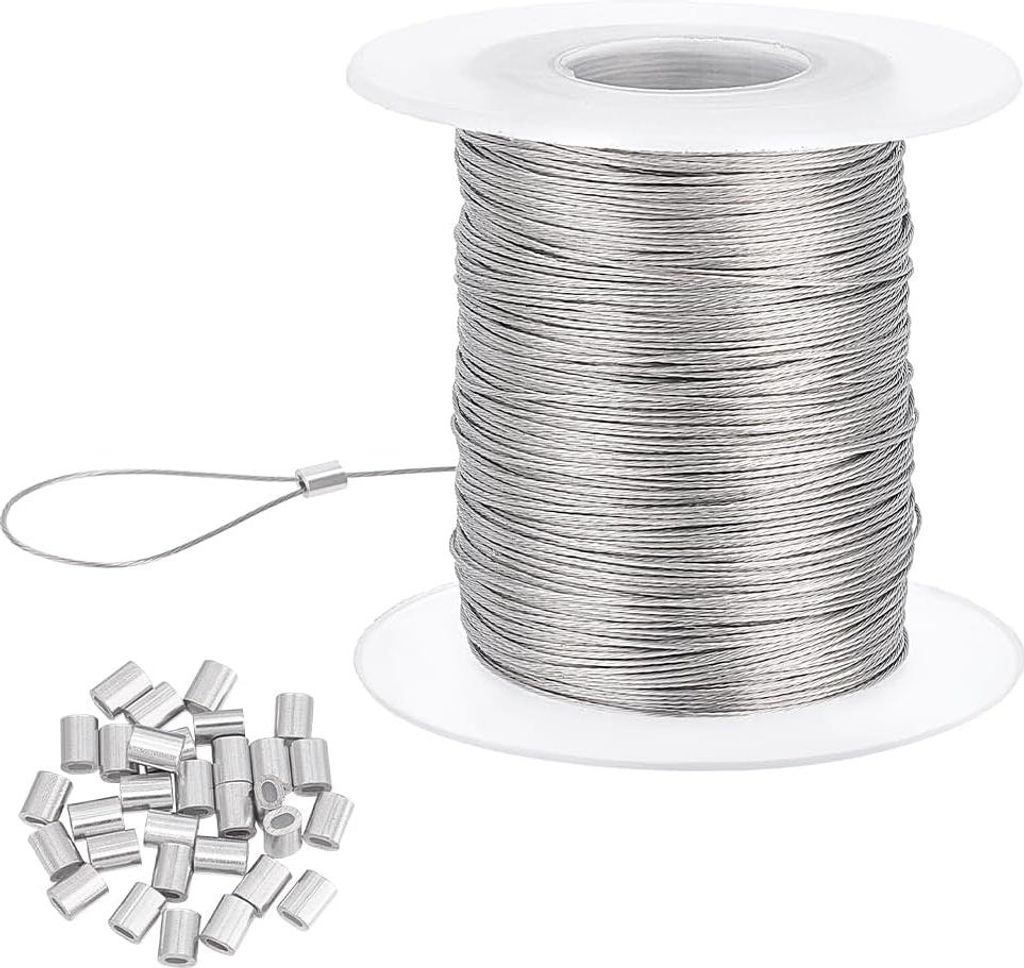 Ca. 100m 0,5mm RVS Draht - Aufhänge Draht mit 30 Aluminium Crimp Hülsen für Bilderrahmen - Hängespiegel - Wanddekorationen - Hängepflanzen - D...