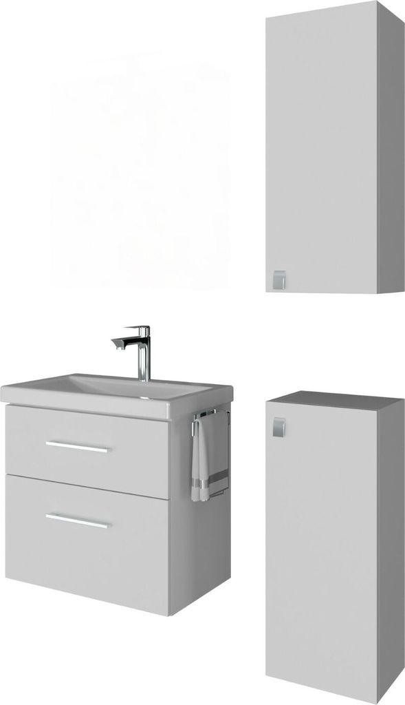 Planetmöbel Badmöbel-Set Waschtisch mit Unterschrank 63 cm & 2X Midischrank für Badezimmer, Gäste Bad & WC, Weiß