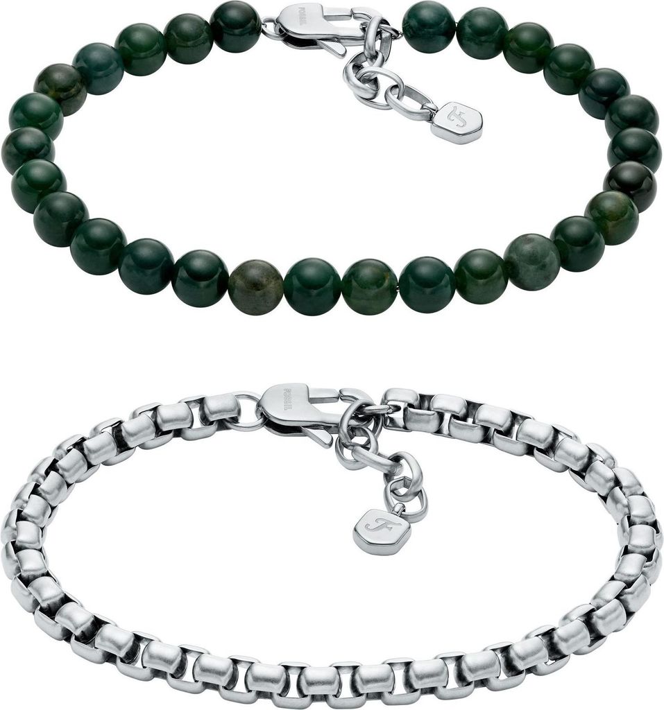 Fossil Armband-Set Herren Perlen Achat Grün und Edelstahl JF04940SET