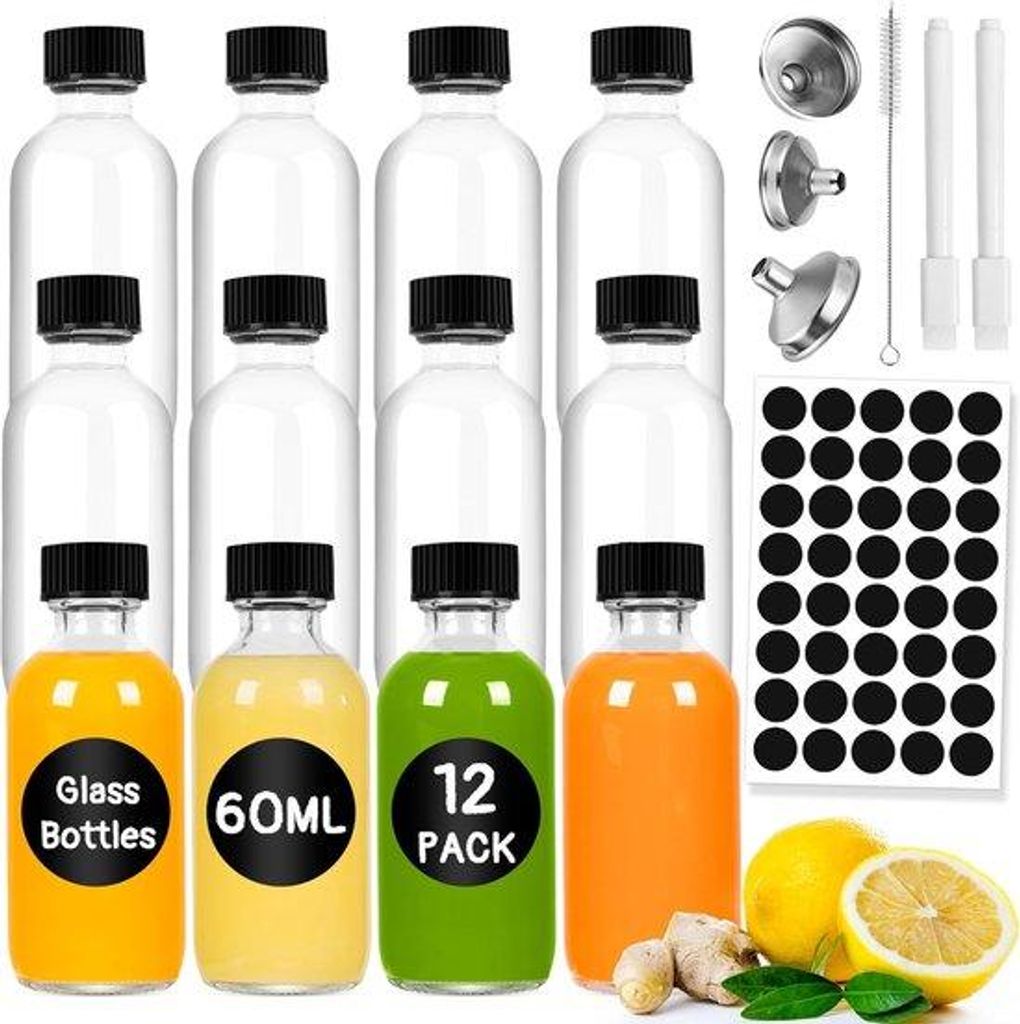 Famanu Set von 12 Glas-Shotflaschen 60 ml - mit Trichter, Etiketten, Stift und Bürste, transparent