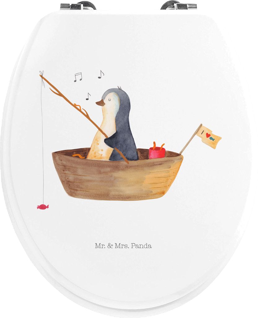Mr. & Mrs. Panda WC Sitz Pinguin Angelboot - Weiß - Geschenk, klo deckel, WC-Sitz, Optimistisch, Boot, Angeln, Brille, Toilettendeckel, Leben