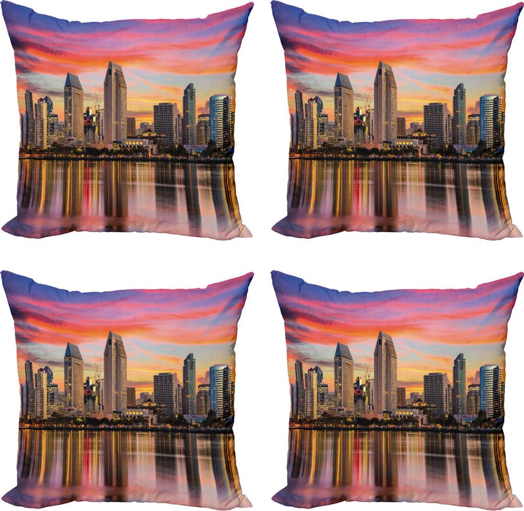 ABAKUHAUS San Diego Kissenbezug Set (4 Stück), USA Downtown at Sunset, Moderner Doppelseitiger Digitaldruck, 40 cm x 40 cm, Mehrfarbig