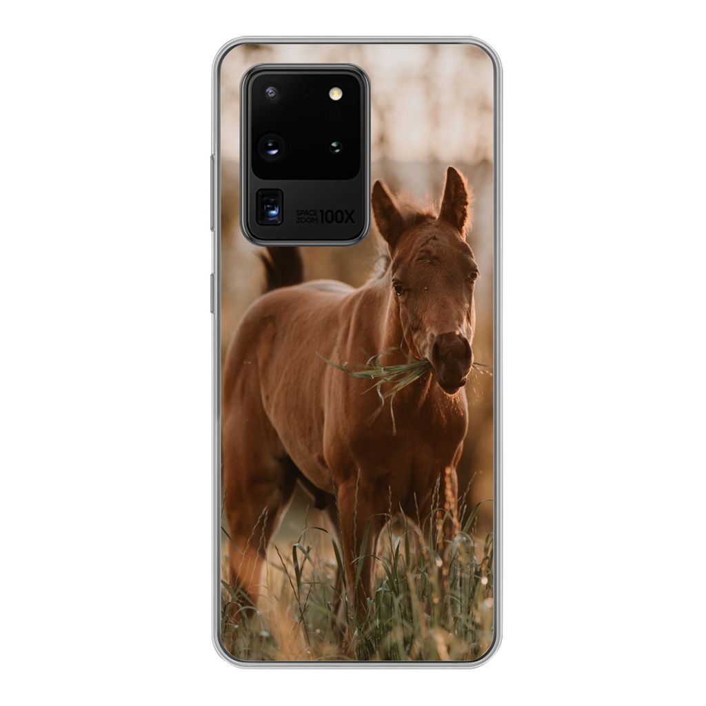 MuchoWow Handyhülle Schutzhülle Hülle für Samsung Galaxy S20 Ultra Pferd - Sonne - Gras Silikon Softcase Handy Hülle - Karteninhaber