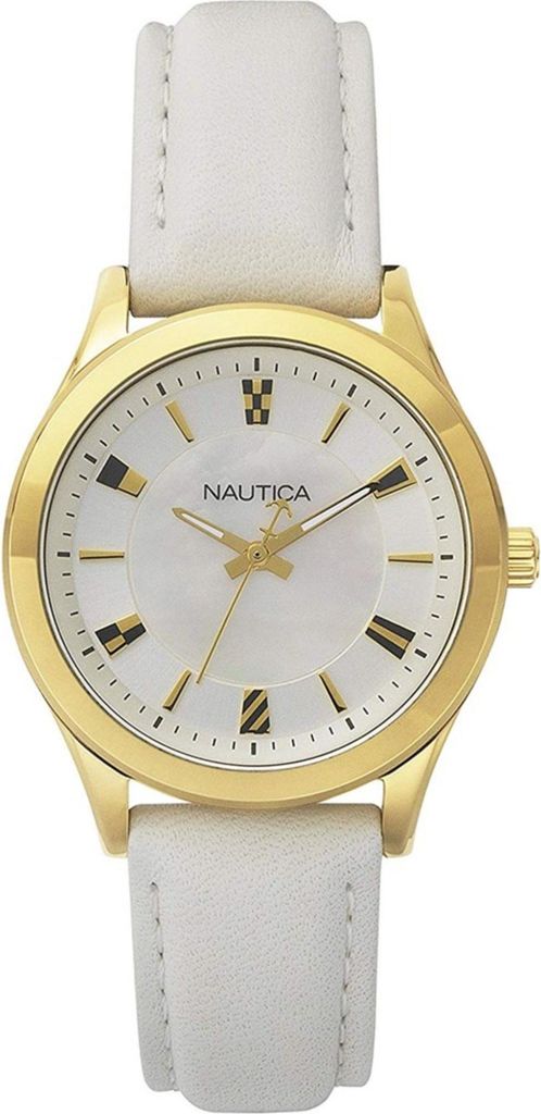 A close-up studio shot of a women's Nautica watch with a white leather strap and a gold-tone case.