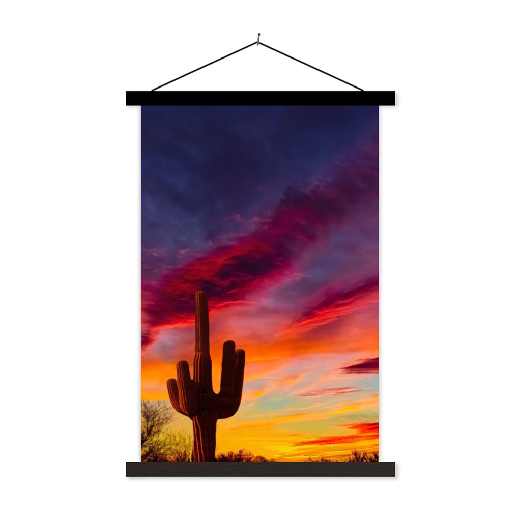 MuchoWow Textilposter Kaktus - Himmel - Sonnenuntergang - Lila - Rosa 60x90 cm mit schwarzem Rahmen - Poster Wohnzimmer