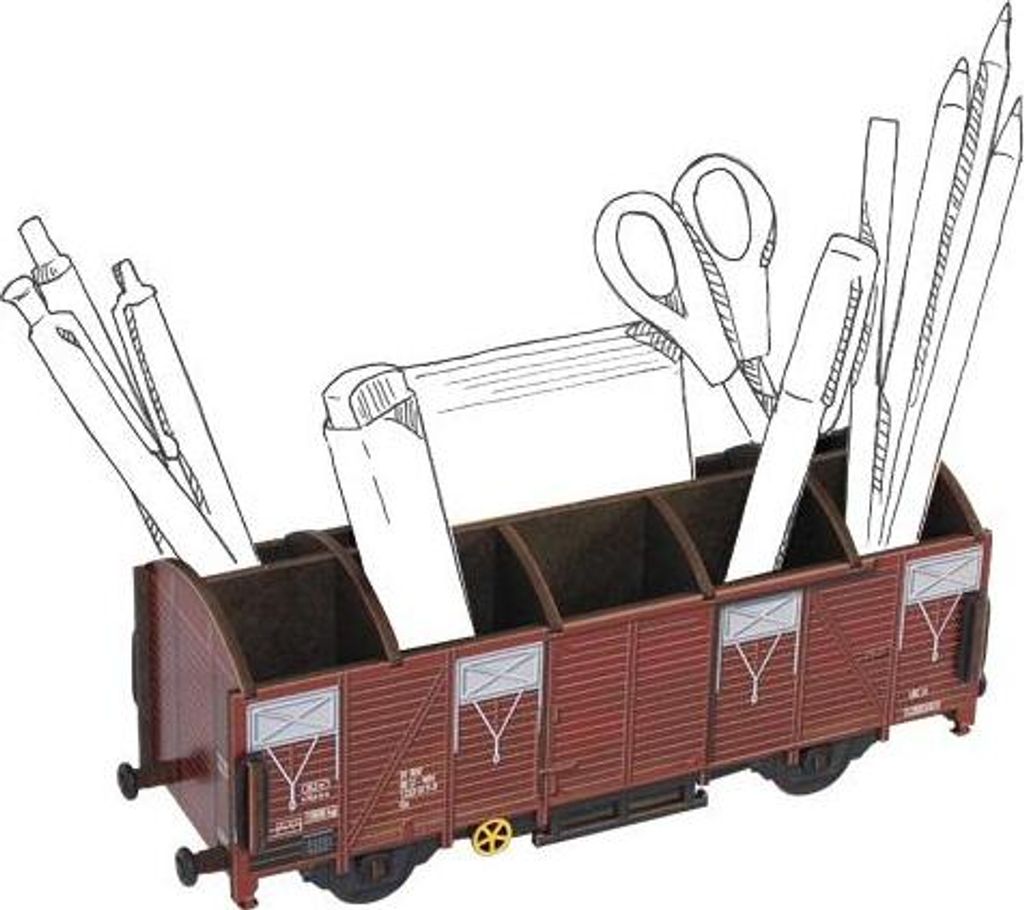 Stiftebox mit Güterwagen-Motiv, Braun