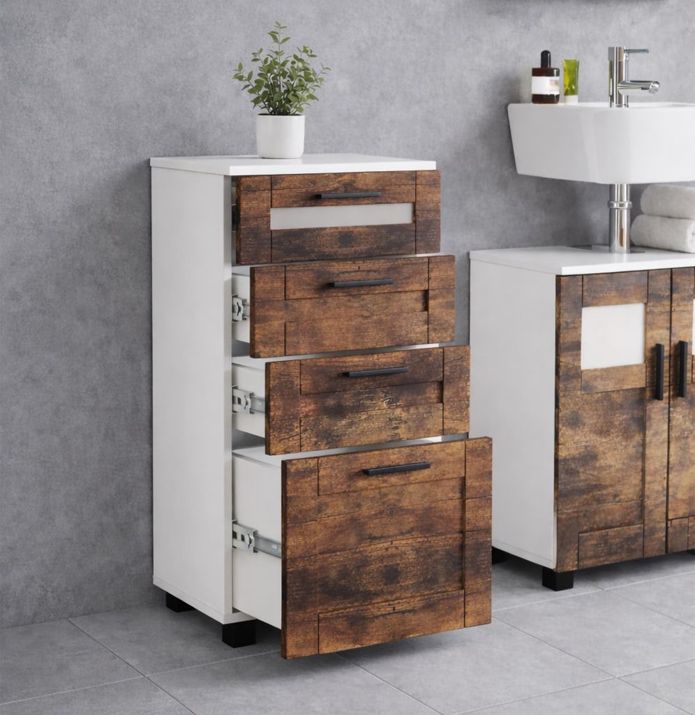 VCM Midischrank – schmaler Badschrank mit 4 Schubladen, H. 76 x B. 38 x T. 28 cm, kompakte Aufbewahrung für Badezimmer, Badmöbel, Schubladenkom...