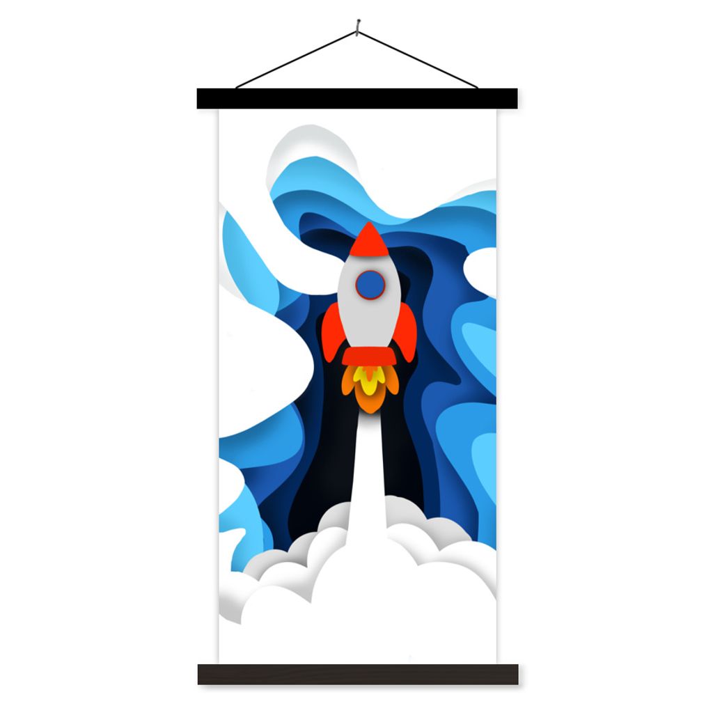 MuchoWow Textilposter Illustration - Kinder - Rakete 40x80 cm mit schwarzem Rahmen - Wandemalerei