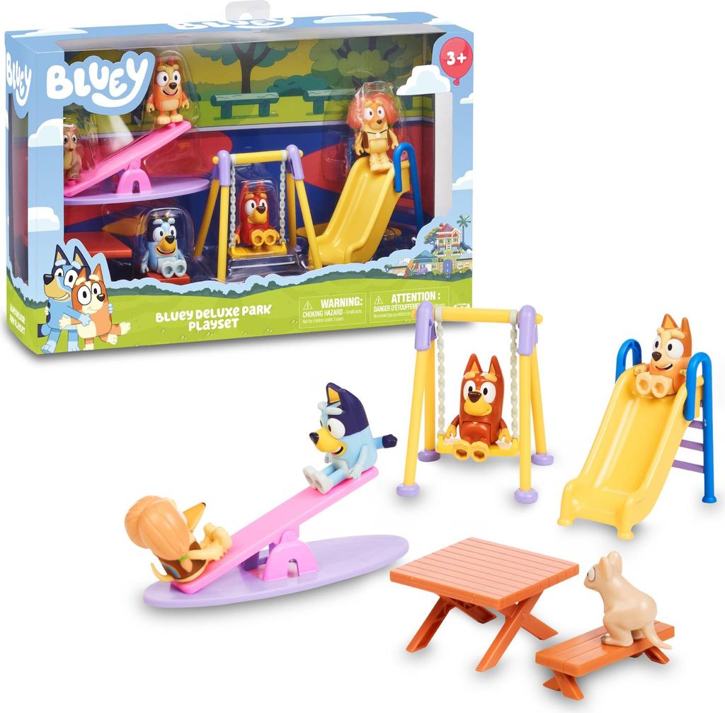 Bluey Park, Spielset mit 5 Figuren der Charaktere der Serie und Zubehör des Parks, Schaukel, Rutsche, Schaukel und Picknicktisch, Jungen und Mädc...