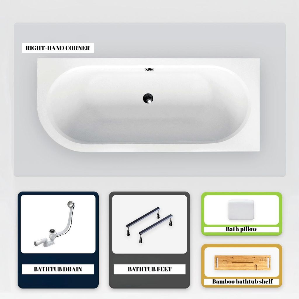 Asymmetrische Badewanne - 150 x 75 cm - Rechts - ohne Verkleidung - mit Füßen - Kopfstütze - Bambusablage - Ablaufgarnitur Chrom - AVITA