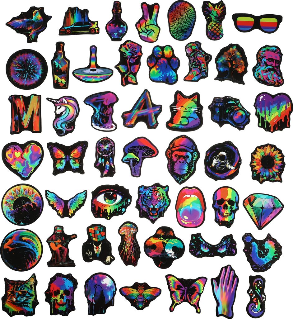 50 Stück Aufkleber Neon Sticker Graffiti Vinyl für PC, Laptop, Koffer, Gitarre, Skateboard