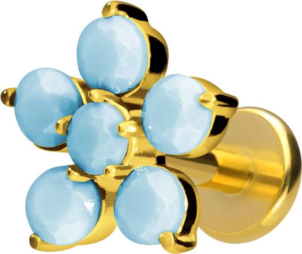 Ohrpiercing, Nasenpiercing Titan Labret mit Innengewinde BLUME + SYNTHETISCHE TÜRKISE Gold Stablänge: 10mm | Stabstärke: 1,2mm