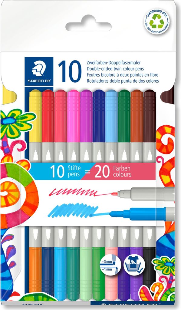 STAEDTLER Doppelfasermaler twin color, zwei Spitzen für zwei unterschiedliche Farben Linienbreiten, 3 mm und 1 mm, 10 Zweifarben-Doppelfasermaler ...